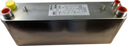 Verdampfer von Wolf, rechteckige, metallische Bauform mit mehreren Anschlüssen und einer beschrifteten oberen Seite.